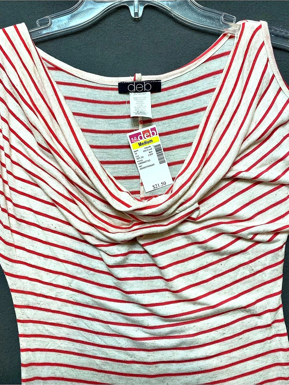 deb Striped Cowl Neck Rayon Tee in Red & Cream Size Medium NWT - Picture 3 of 8